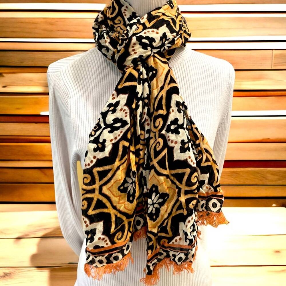 Boho Scarf Wrap Womens‎ Black Brown Medallion Lightweight Fringe Festival - Picture 2 of 5